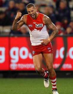 AFL 2017 Round 15 - Melbourne v Sydney MELBOURNE, AUSTRALIA - JUNE 30: Lance Franklin of the Swans celebrates a goal during the 2017 AFL round 15 match between the Melbourne Demons and the Sydney Swans at the Melbourne Cricket Ground on June 30, 2017 in Melbourne, Australia. (Photo by Michael Willson/AFL Media)